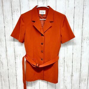 Le Suit Jacket Petite 12P Two Piece Women’s Long Skirt Suit Deep Orange Belted